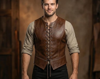 Vintage bruin renaissancekostuum, leren veters, handgemaakt middeleeuws leren vest voor heren, meerdere kleuren, lamsleer