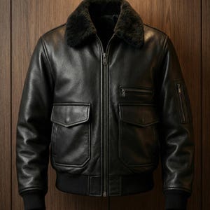 Könnte beinhalten: Schwarze Leder-Bomberjacke mit dunklem Fellkragen. Die Jacke hat einen Reißverschluss, zwei Vordertaschen und einen gerippten Saum und Bündchen. Ein klassisches Oberbekleidungsstück.