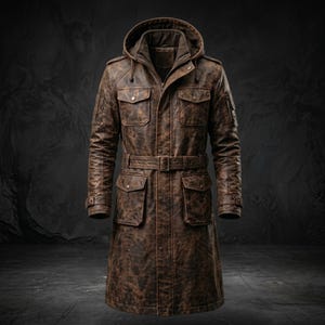 May include: A long, distressed brown leather coat featuring a hood, a belted waist, and four large front flap pockets. The jacket includes shoulder epaulets, long sleeves with adjustable cuffs, and a central zipper closure covered by a snap-button placket.