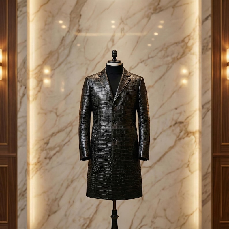 May include: A black, long leather coat with a crocodile skin texture is displayed on a mannequin. The coat has a classic design with a notched collar and button closure. The mannequin is on a black stand in front of a marble wall.