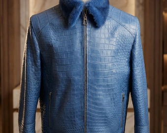 Chaqueta bomber de piel de cocodrilo con cuello de piel extraíble - Chaqueta de moto de lujo para hombre
