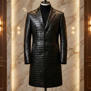 May include: A black, long leather coat with a crocodile skin texture. The coat has a notched lapel, three buttons, and a classic, tailored fit. The coat is displayed on a mannequin.
