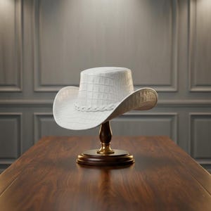Puede incluir: Un sombrero de vaquero blanco con un patrón texturizado similar al de un cocodrilo, exhibido en un soporte de madera con base de latón. El sombrero presenta una banda trenzada y un ala ancha. El sombrero está sobre una mesa de madera oscura.