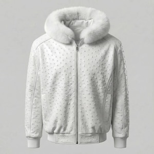 May include: A white leather bomber jacket with a fur-lined hood. The jacket has a zip-up front, ribbed cuffs, and a ribbed hem. The leather has a textured pattern. The jacket is a winter outerwear item.