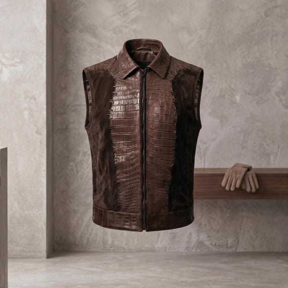 Mens Waistcoat Crocodile Embossed Suede Leather Motorcycle Vest Custom Luxury Alligator Texture Handmade