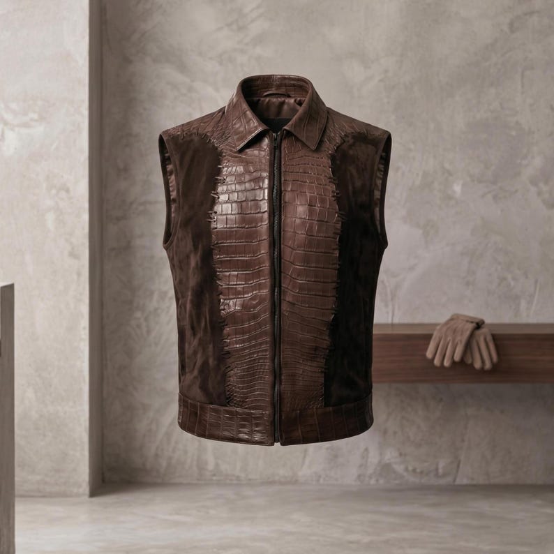 Front view of a luxury handmade leather mens waistcoat featuring glossy crocodile embossed center panels and soft brown suede Vest men sides, accented with heavy leather lacing.
