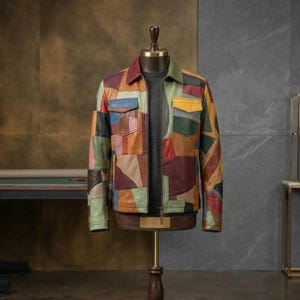 Puede incluir: Chaqueta de cuero patchwork multicolor, exhibida en un maniquí. El diseño incorpora formas geométricas en tonos rojos, azules, amarillos y verdes. La chaqueta tiene cuello, dos bolsillos en el pecho y cierre de cremallera.