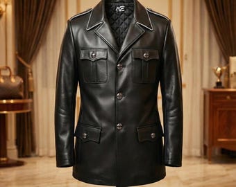 Handmade Genuine Sheepskin Leather Military Jacket,  RAF Style, Black Leather Coat