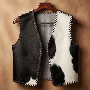 May include: A cowhide vest with a distinctive black and white pattern, displayed on a wooden hanger. The vest combines black and white fur, with brown stitching along the seams. A classic western-style garment.