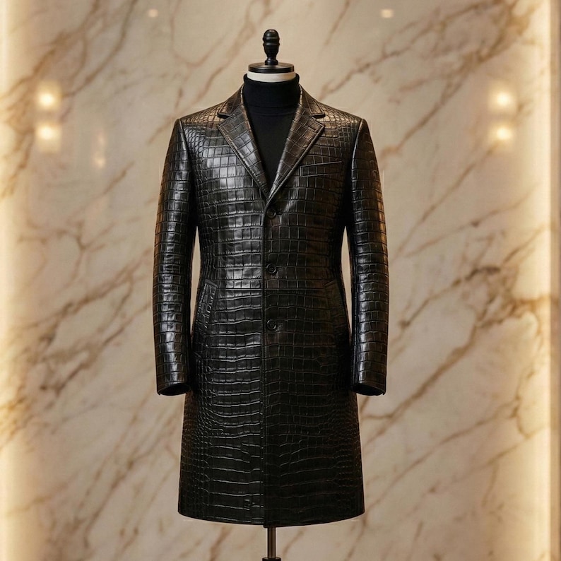 May include: A black, long leather coat with a crocodile skin texture. The coat has a classic design with a notched lapel, three buttons, and a tailored fit. The coat is displayed on a mannequin.