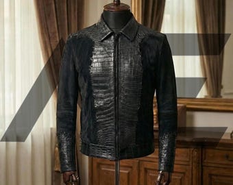 Chaqueta bomber de ante genuino con estampado de cocodrilo para hombre, hecha a mano. Regalo ideal.