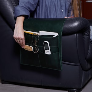 Leather Sofa Armrest Organizer: Couch Caddy with Remote Holder, Book & Tablet Pockets
