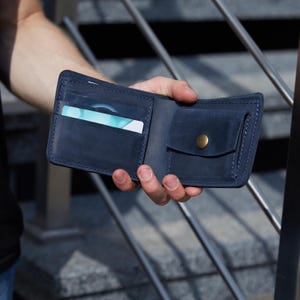 Cartera minimalista de piel azul para novio / Cartera de hombre personalizada de piel auténtica / Regalos de Navidad para marido