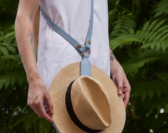 Leather Hat Holder for Travel, Hands Free Hat Carrier Clip for Bag, Handmade Accessory for Men and Women