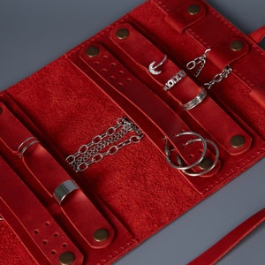 Personalisierte Rote Leder Schmuckrolle | Reise-Schmuck-Organizer