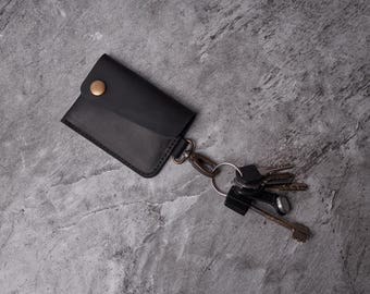 Leather Card Holder with Key Ring: Personalized Keychain Wallet, Minimalist ID and Credit Card Case, New Driver Gift for Her or Him