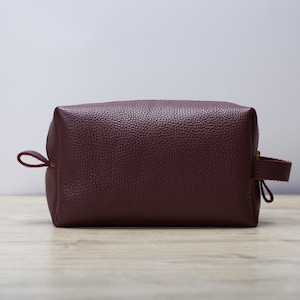 Burgundy Leather Makeup Bag: Personalized Toiletry Organizer, YKK Zipper