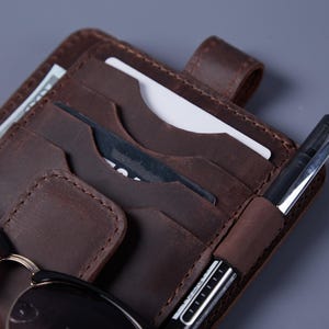 Car Visor Organizer: Handmade Crazy Horse Leather, Card Slots, Pen Holder