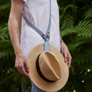 Custom leather magnetic hat holder. Cowboy hat clip with shoulder strap. Brown cowboy hat holder with monogram. Anniversary Gifts for Her