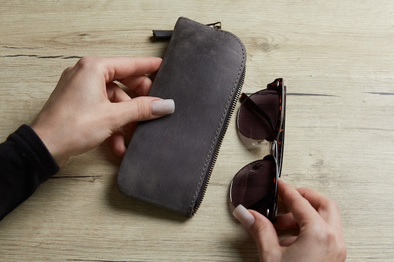 Sleek Leather Glasses Case – Zipper Closure Sunglasses Holder, Handmade Eyewear Travel Pouch image 6