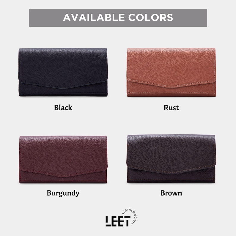 four different leather wallets in various colors, including black, rust, burgundy, and brown.