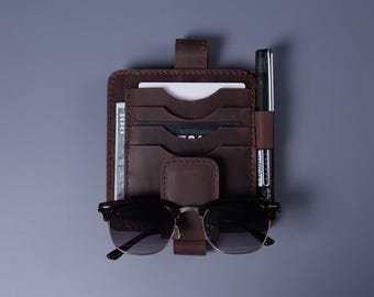 Organizer voor autozonneklep: Crazy Horse-leer, gepersonaliseerde optie, vizieren voor SUV's en vrachtwagens