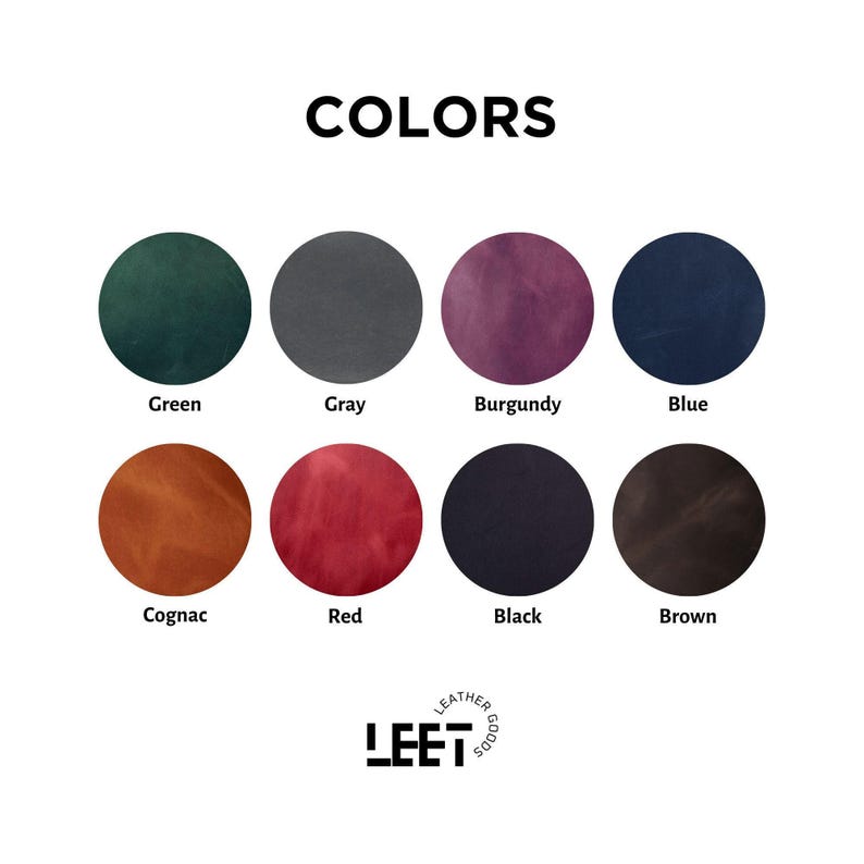 a color chart with eight different color samples, each corresponding to a different color name. The chart is titled "COLORS" and includes the color names "Green", "Grays", "Burgundy", "Blue", "Cognac", "Red", "Black", and "Brown".