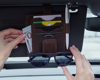 Leather Sun Visor Caddy: Car Essentials Holder, Glasses Organizer, Gift for Him