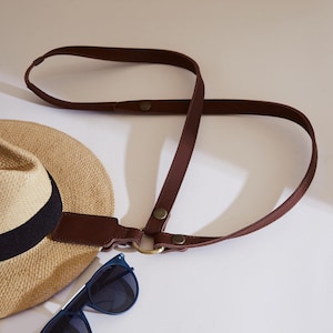 Brown leather magnetic hat clip with shoulder strap. Personalized hat clip for travel. Leather Outfit accessory for Her. Anniversary gifts