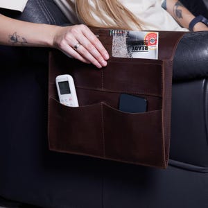 Leather brown sofa organizer with pocket for magazines, remote. Personalized leather sofa armrest holder with monogram. Christmas Gifts