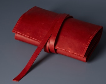 Red leather jewelry organizer for traveling | Stylish jewelry case - best Bridesmaid gift for Her | Leather Jewelry roll | Mother&#39;s Day Gift