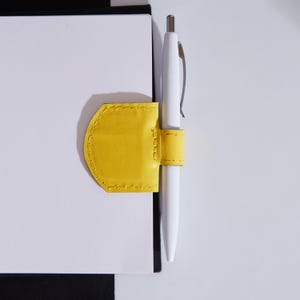 Minimalist leather magnetic bookmark for a book | Yellow leather bookmark with pen holder | Personalized leather bookmark for notebook