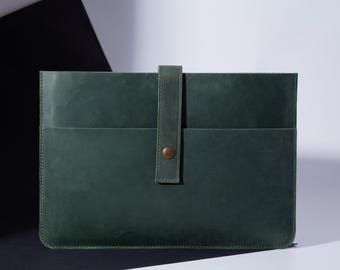 Green Leather Laptop Sleeve: Personalized Full-Grain Leather, Free Personalization