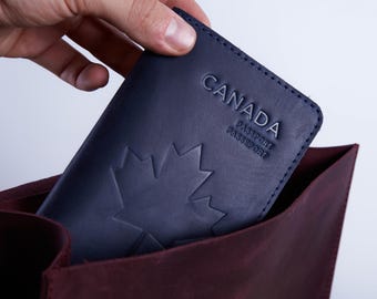 Personalized Leather Passport Holder: Canadian Maple Leaf Card Wallet