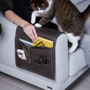 Personalized Leather Sofa Armrest Organizer: Vintage Style, Remote & Book Pockets