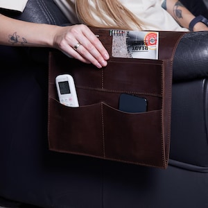 Personalized Leather Sofa Armrest Organizer: Remote & Magazine Holder