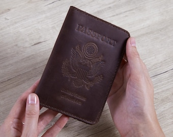 Passport Leather Cover: with US Emblem - Slim Card Wallet Holder, Fast USA Shipping