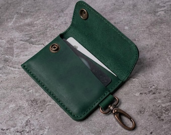 Green Leather Card Holder: Keychain Wallet, Two Card Slots, Button Closure