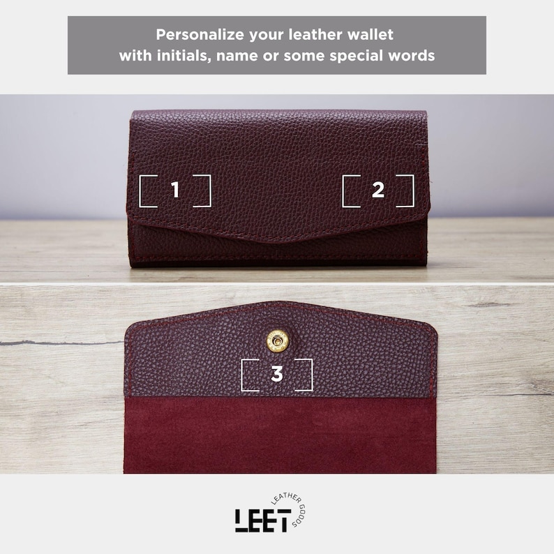 a burgundy leather wallet with initials and some special words printed on it, allowing for personalization.