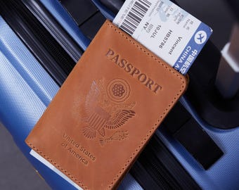 Vintage Leather Passport Holder – US Government Emblem, Personalized Travel Wallet, US Stock