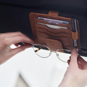 Crazy Horse Leather Car Visor Organizer: Sunglass & Document Holder