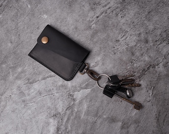 Leather Card Holder: Keychain Wallet, Snap Closure, Metal Carabiner