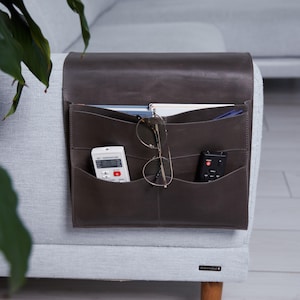 Personalized leather sofa armrest organizer with pockets for book, remote and glasses holder. Special Christmas Gift for Dad