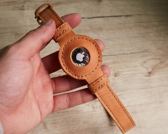 Custom Leather Dog Collar: Brown with AirTag Holder, Free Embossed Name