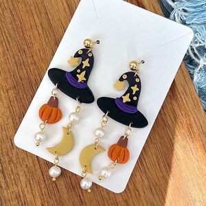 Halloween-oorbellen met tovenaarshoed: polymeerklei, parel en 18 kt verguld