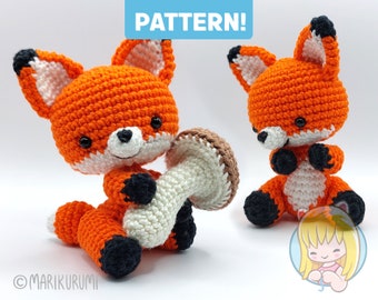 Crochet PATTERN Finnian Fox with toadstool, cute amigurumi Kawainimal with removable and adjustable head