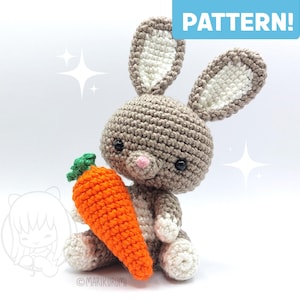 Crochet PATTERN Biba Bunny With Carrot, Whimsical Amigurumi Woodland Rabbit, Cute Forest Hare, Kawaii Cottontail, Wired Posable Arms + Head