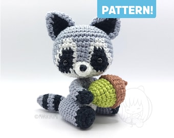 Crochet PATTERN, Riko Raccoon Amigurumi Kawaii Plush Toy with Acorn (PDF Pattern)
