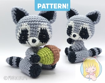 Crochet PATTERN Riko Raccoon with acorn, cute amigurumi Kawainimal with removable and adjustable head