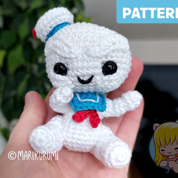 Crochet PATTERN Lil' Mallow, the cute and a little scary baby marshmallow man amigurumi, with adjustable head and arms, Stay puft!